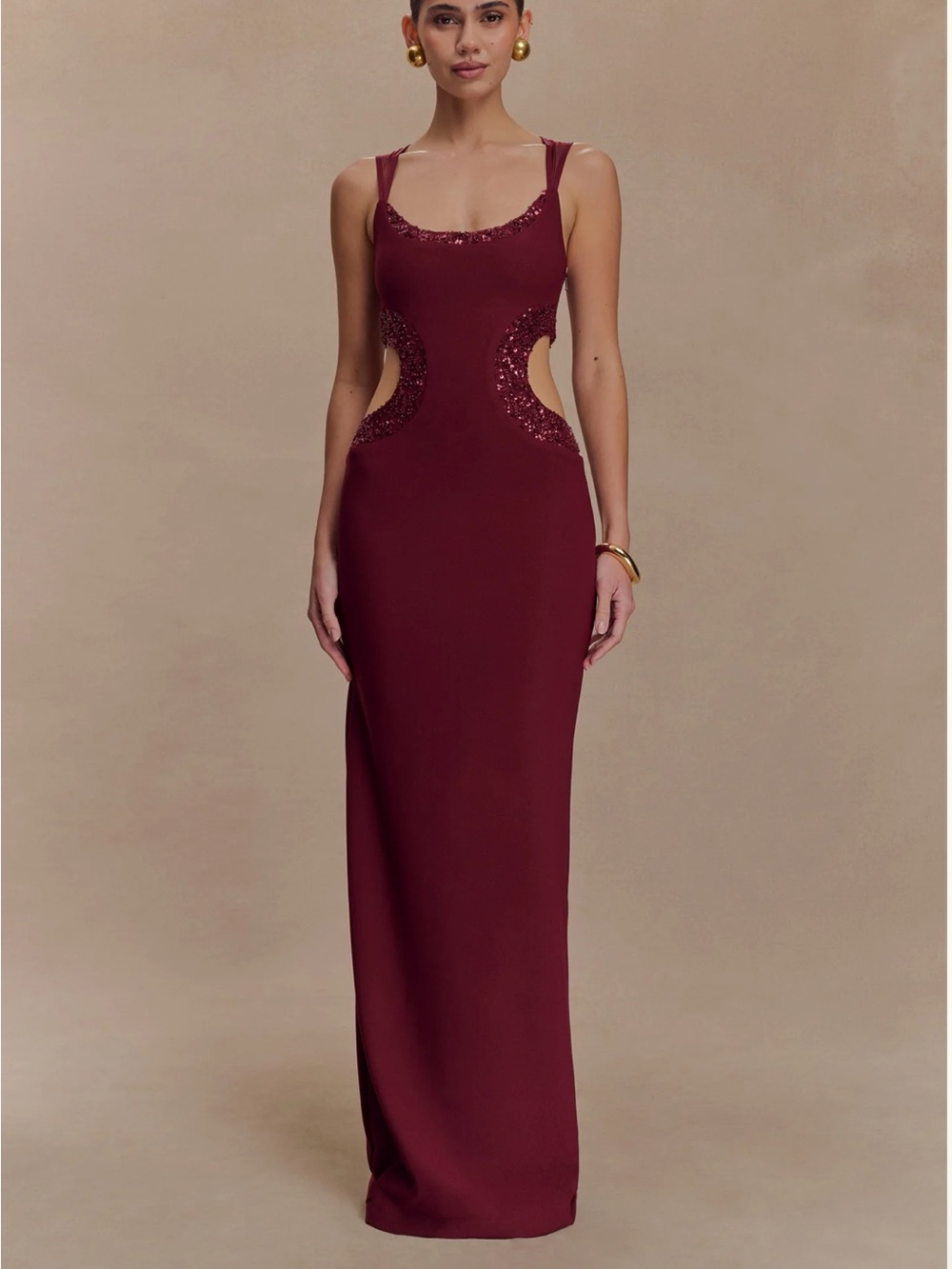 Meshki Angelique Wine Cutout Sequin Maxi Dress